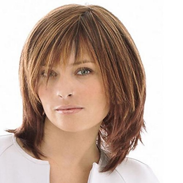  Brown Wigs for Women Synthetic Wig Straight Wig with Bangs Medium Length Light Brown Wigs Daily Wigs