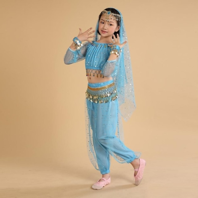  Belly Dance Coin Tassel Training Performance Long Sleeve Natural Chiffon Polyester