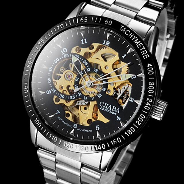  Hommes Montre Bracelet Remontage automatique Gravure ajourée Acier Inoxydable Bande Argent Marque