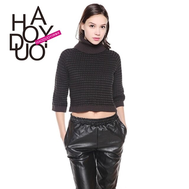  haoduoyi®女性の緩いリブ裾ハイネック3/4スリーブシック編作物のセーター