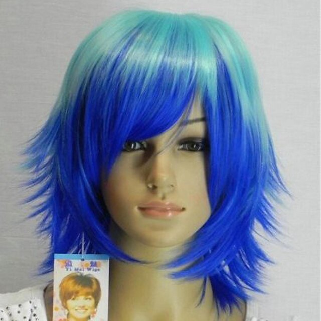  Women's Fashionable  Blue  Lake Blue Mix Straight Short Cosplay Wig  with Side Bang