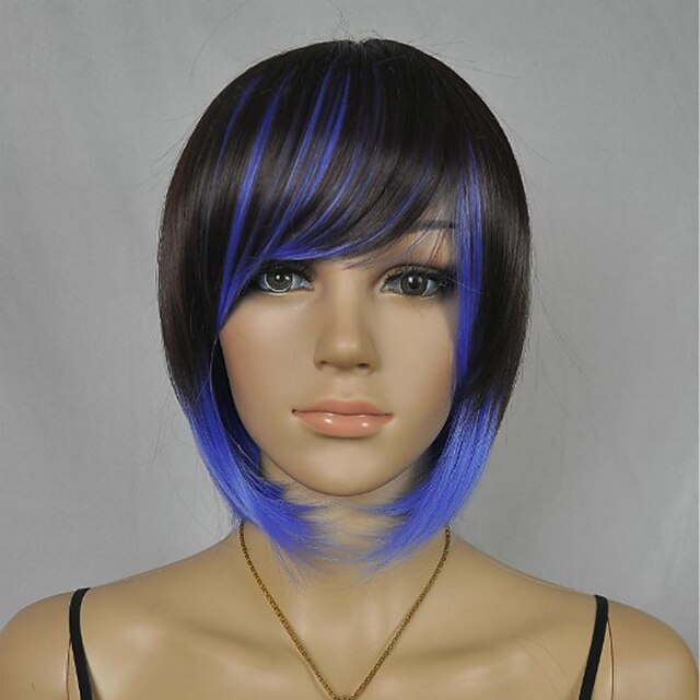  women s fashionable short black blue mix cosplay party wigs with side bang