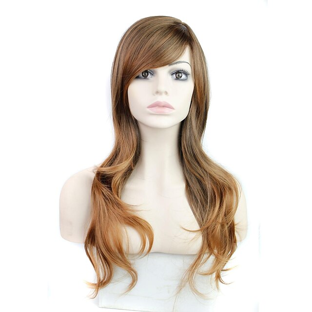  28 Inch Fashion Long Wave Heat Resistant Fiber Synthetic Wig with Side Bangs