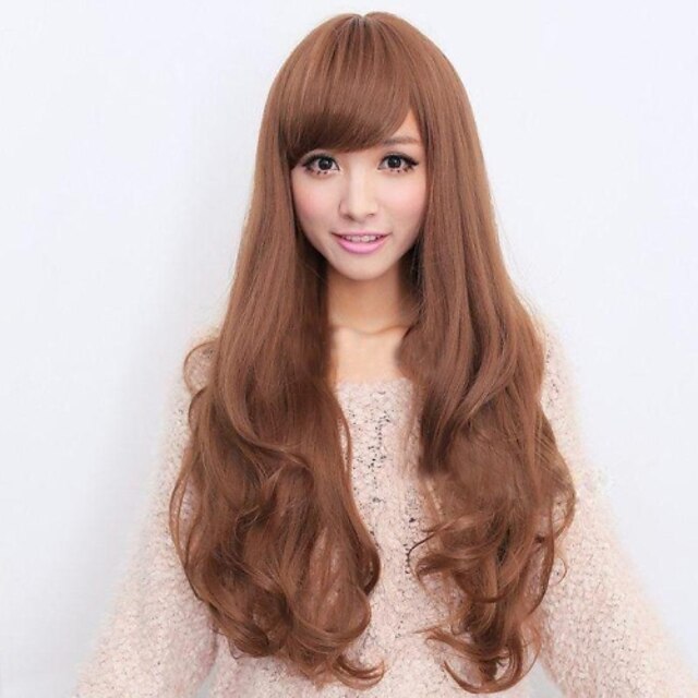  Synthetic Wig Curly Wavy Body Wave Body Wave Loose Wave Asymmetrical With Bangs Wig Long Gold / Brown Synthetic Hair 25 inch Women's Natural Hairline Brown