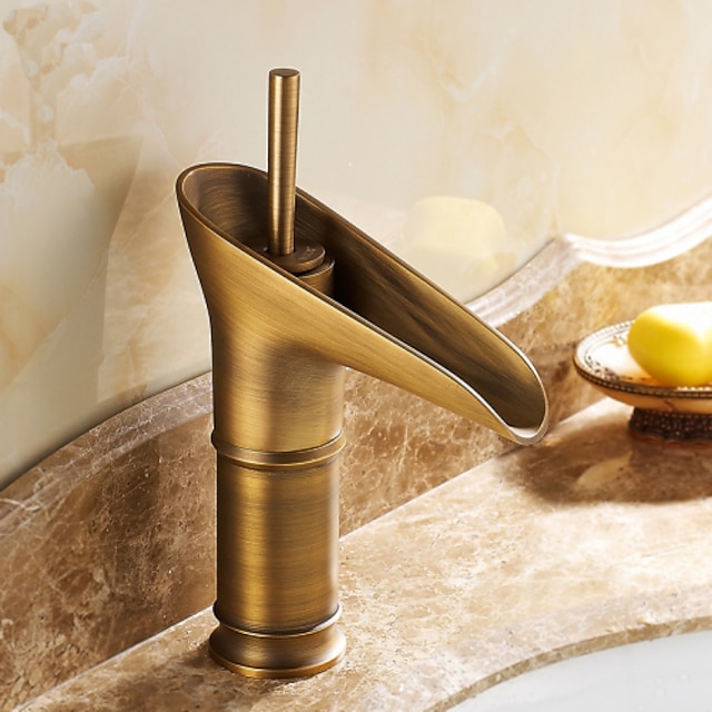  Bathroom Sink Faucet,Waterfall Antique Brass Centerset Single Handle One HoleBath Taps with Hot and Cold Switch