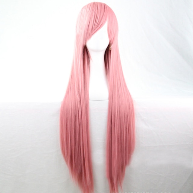  traje cosplay peruca sintética reta reta assimétrica peruca rosa longo sintético cabelo sintético feminino de 28 polegadas rosa natural
