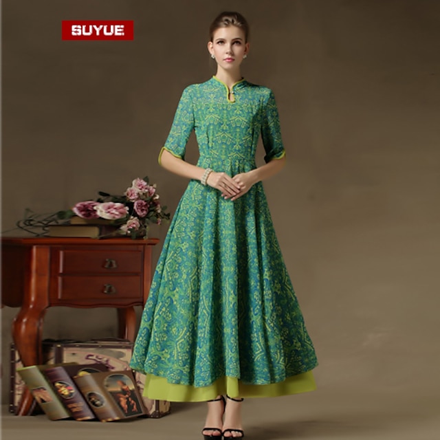  Suyue® The Latest Fashion Women's Vintage  Slim Mandarin Collar Three-Quarter Sleeves Maxi Dress