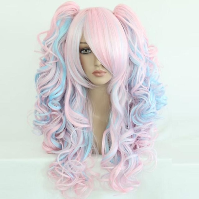  косплей костюм парик синтетический парик сладкая лолита вьющиеся волнистые свободные волны натуральные волны вьющийся парик синий / черный радуга фиолетовый / синий розовый / светлый розовый синий