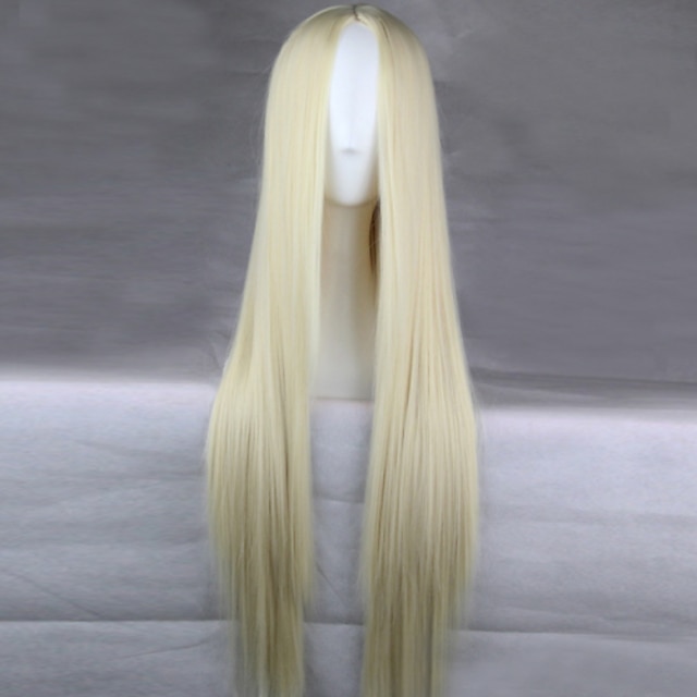  cosplay kostym peruk syntetisk peruk rak rak asymmetrisk peruk lång kräm syntetiskt hår 28 tums naturliga hårfäste för kvinnor blond halloween peruk