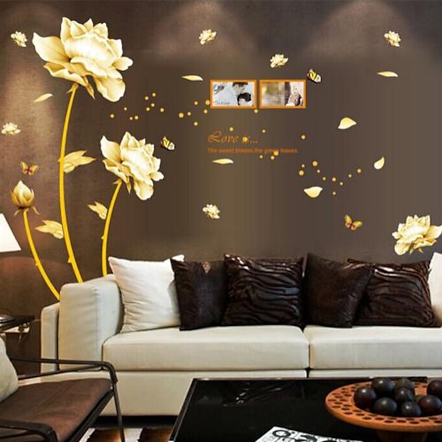  pvc lavable mur autocollants mur de décalque fleurs dorées amovible