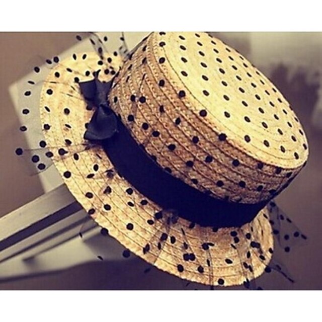  Women's Fashion Net Yarn Lace Sweet Dot Straw Hat Basketwork Hats With Wedding/Party Headpiece