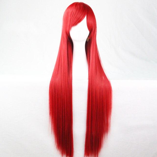  Perucas de Cosplay Perucas sintéticas Liso Reto Corte Assimétrico Peruca Longo Vermelho Cabelo Sintético 28 polegada Mulheres Riscas Naturais Vermelho