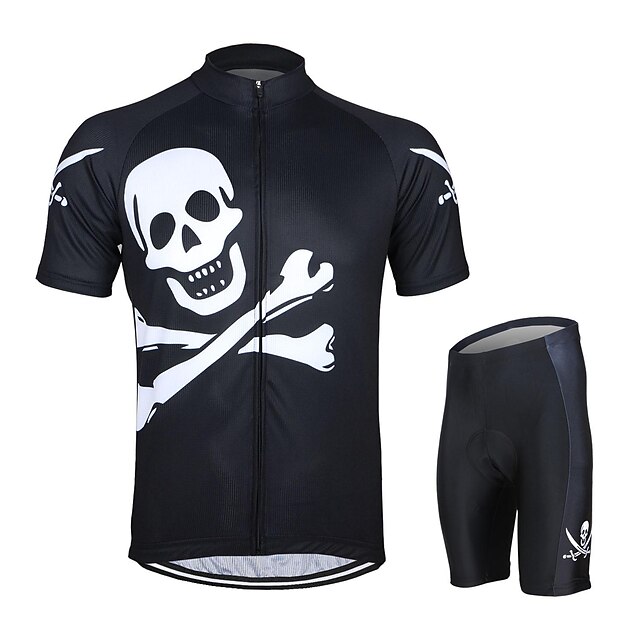  Arsuxeo Short Sleeves Cycling Jersey with Shorts - Black Skull Bike Shorts Jersey Clothing Suits, Quick Dry, Anatomic Design, Breathable, 