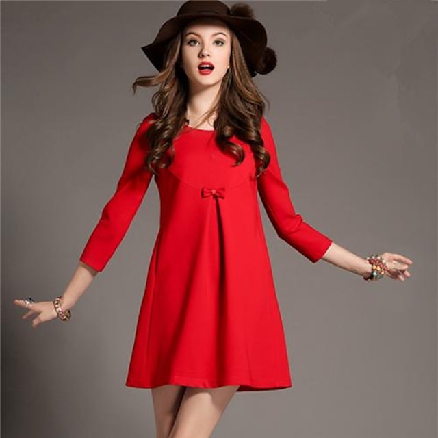  Women's A Line Dress,Solid Round Neck Above Knee Long Sleeve Red / Black / Green Polyester Spring