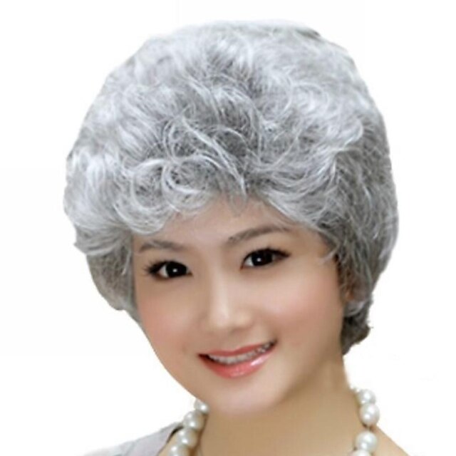  Synthetische Perücken Locken Locken Asymmetrischer Haarschnitt Perücke Kurz Silber Synthetische Haare 12 Zoll Damen Natürlicher Haaransatz Grau