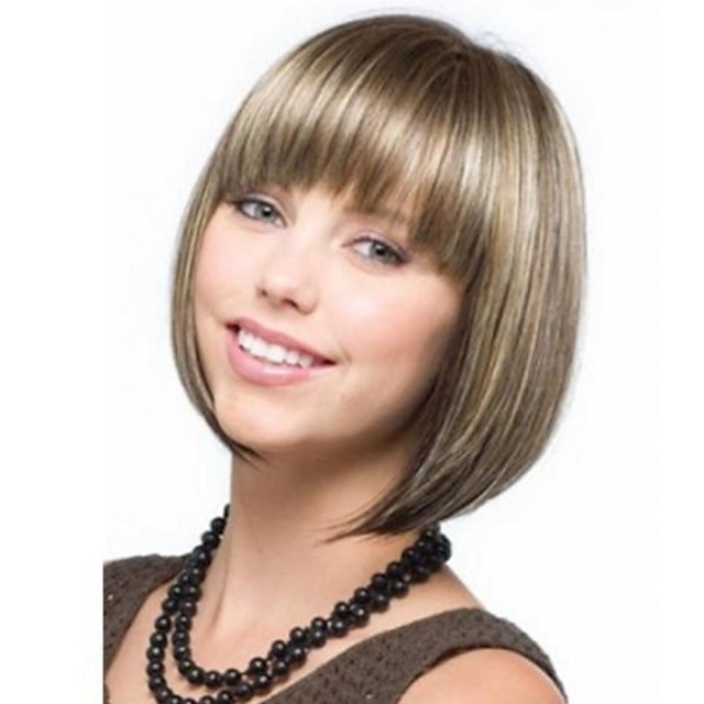  Synthetic Wig Straight Straight Bob With Bangs Wig Blonde Short Light Blonde Synthetic Hair 9 inch Women's With Bangs Blonde