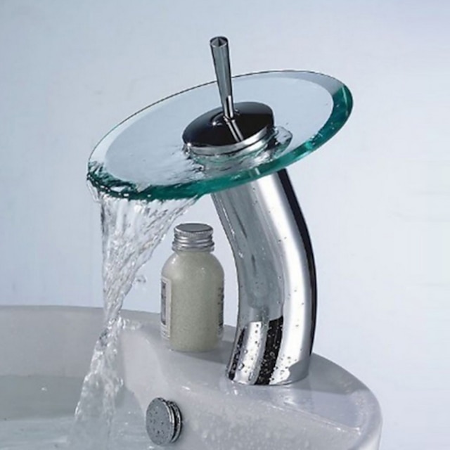  handfat i mässing, vattenfall krom kärl enkelhandtag ett håls badkranar med pip i glaskran, keramisk ventil och varm- och kallbrytare