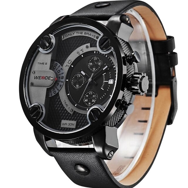  WEIDE WH3301 Men's Sports Black Dial Genuine Leather Strap Waterproofed Oversize Quartz Wristwatch