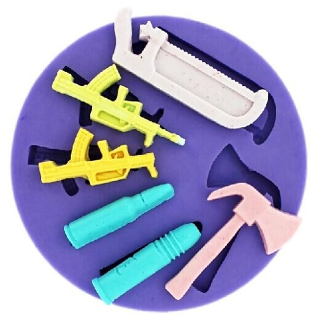  Hammer Saw Gun Bullet Shaped  Fondant Cake Chocolate Silicone Mold,Cupcake Decoration Tools,L10.4cm*W10.4cm*H1.6cm