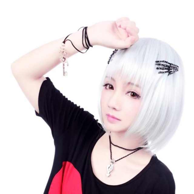  Lolita Cosplay Wigs Women's 14 inch Heat Resistant Fiber Silver Anime Wig