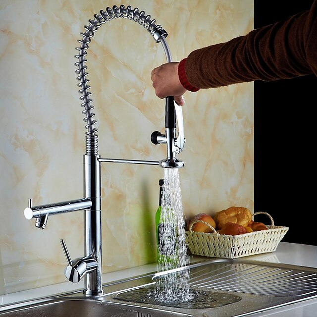  Solid Brass Single Handle Spring Pull Down Kitchen Faucet