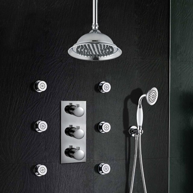  Shower Faucet Set - Thermostatic Antique Chrome Wall Mounted Brass Valve Bath Shower Mixer Taps / Three Handles Three Holes