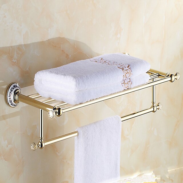  Etagère de Salle de Bain Ti-PVD Fixation Murale 640*160*260mm(25.19*6.29*10.23inch) Laiton / Céramique / Cristal Néoclassique