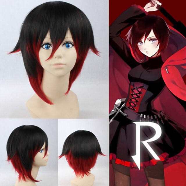  Angelaicos Unisex RWBY Red Trailer Ruby Black Red Lolita Short Layered Halloween Party Costume Cosplay Hair Full Wig