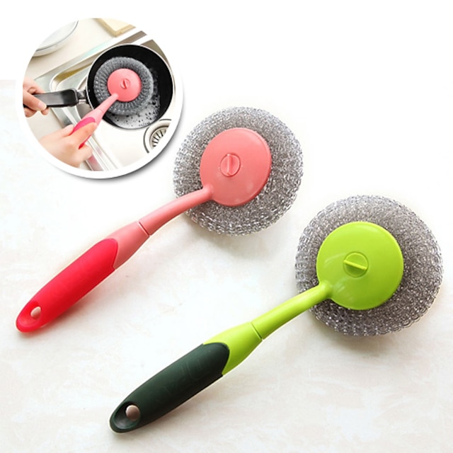 Colorful Long Handle Kitchen Dish Pot Cleaning Steel Wire Spiral Scourer Ball (Random Color)