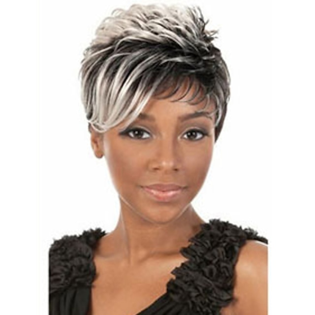  Synthetic Wig Wavy Pixie Cut / With Bangs Synthetic Hair Highlighted / Balayage Hair / Dark Roots / With Bangs White Wig Women's Short Capless