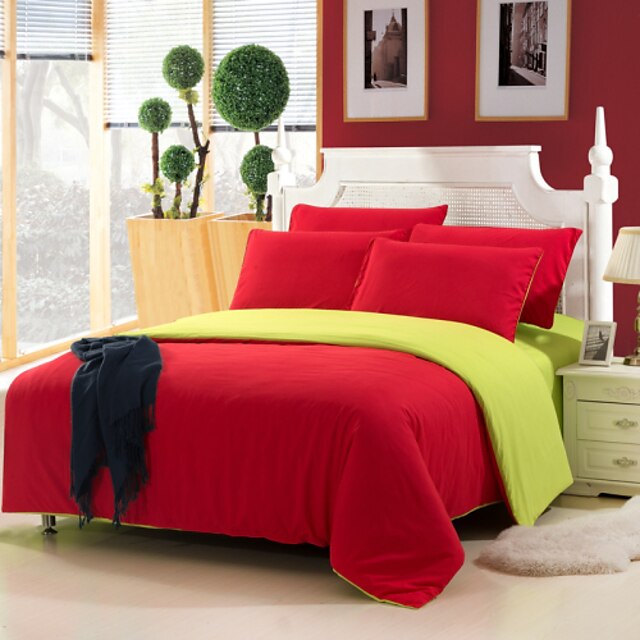  Duvet Cover Sets 4 Piece Polyester Solid Colored Red Reactive Print Solid
