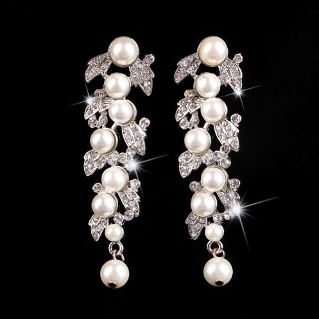  Vintage Party Wedding Princess Birde Crown Rhinestone Crystal Pearl Long Silver Earring