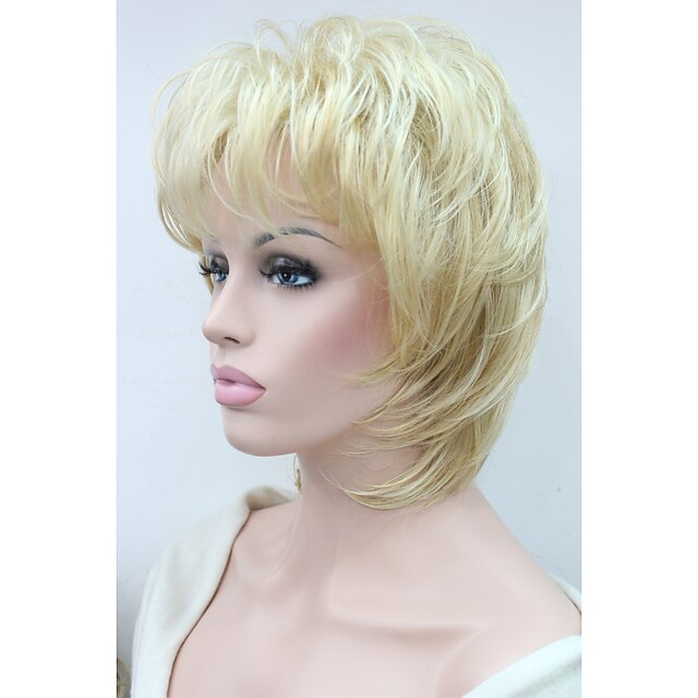  Synthetische Perücken Wellen Stufenhaarschnitt Sexy Lady Blond Damen Kappenlos Natürliche Perücke Mittellang Synthetische Haare