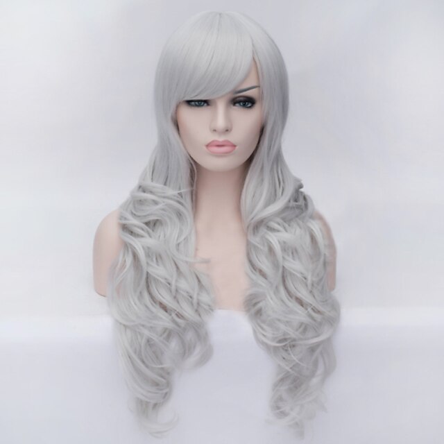  Synthetic Wig Body Wave Style With Bangs Capless Wig Silver Synthetic Hair Women's White Wig Cosplay Wig