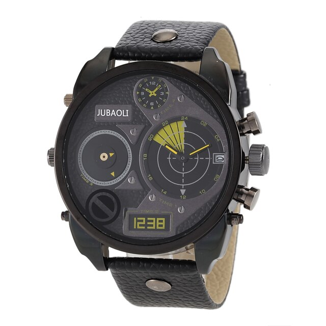  JUBAOLI Per uomo Orologio militare Quarzo Pelle Due fusi orari Analogico Con ciondoli Di tendenza - Giallo Rosso