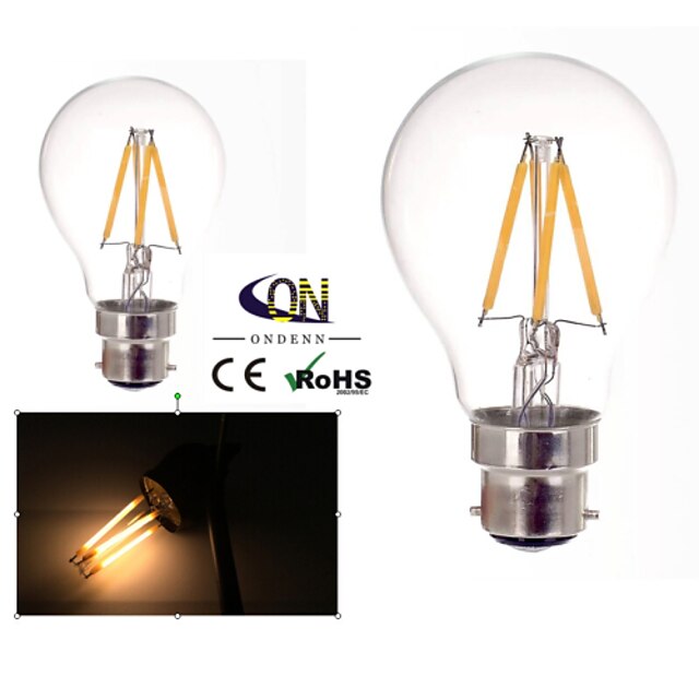  ONDENN 1pc 4 W Ampoules à Filament LED 2800-3200 lm B22 A60(A19) 4 Perles LED COB Intensité Réglable Blanc Chaud 220-240 V 110-130 V / 2 pièces / RoHs