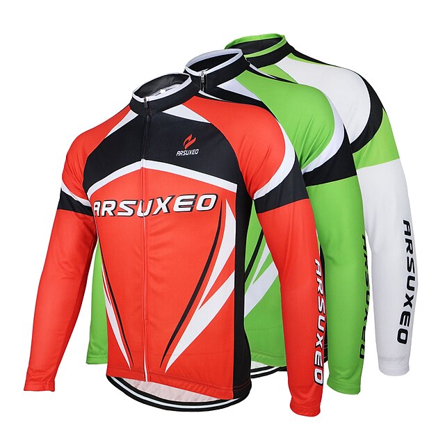  Arsuxeo Men's Long Sleeves Cycling Jersey - White Red Green Bike Jersey, Quick Dry, Anatomic Design, Breathable, Spring Summer