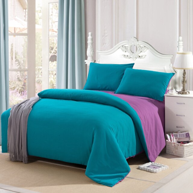  Duvet Cover Sets 4 Piece Polyester Solid Colored Lake Blue Reactive Print Solid