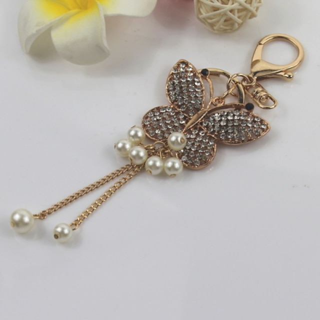 Fashion Unisex Shining Diamond Alloy Simulated-pearl Butterfly Tassel Pendant Keychains