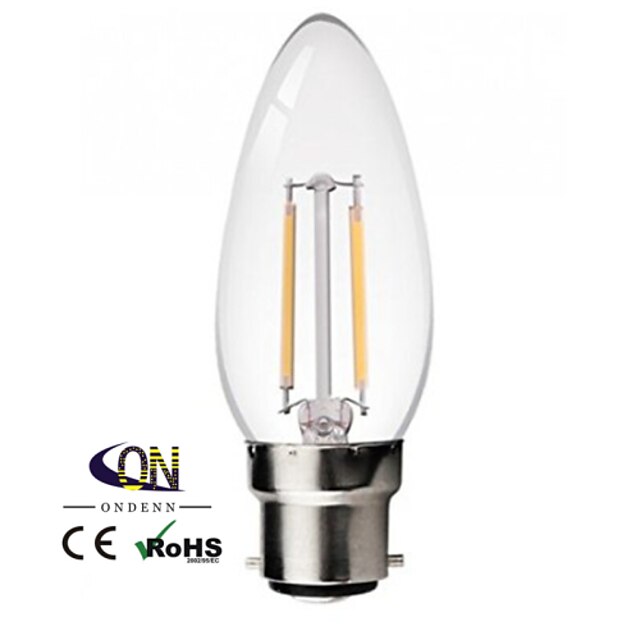  ONDENN 1pç 2 W Lâmpadas de Filamento de LED 2800-3200 lm B22 A60(A19) 2 Contas LED COB Regulável Branco Quente 220-240 V 110-130 V / 1 pç / RoHs