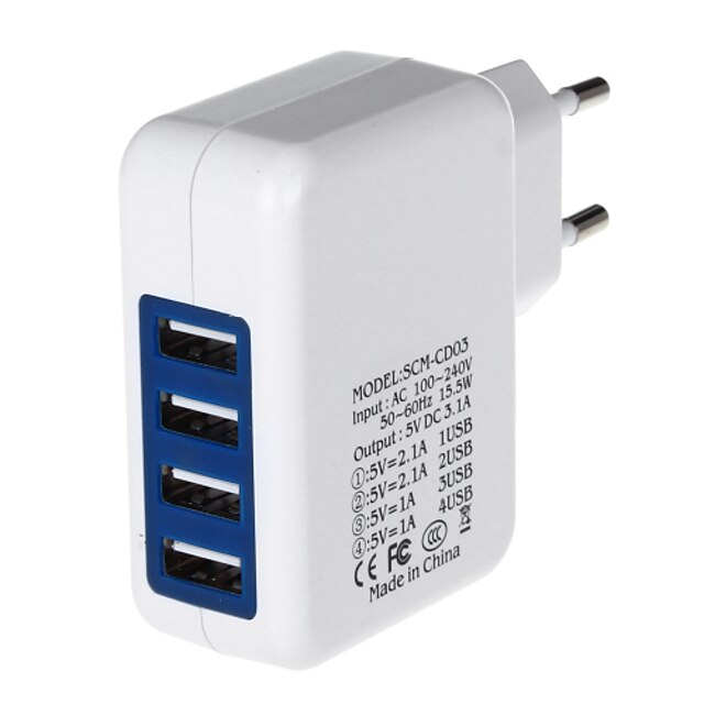  4000mA Four-port USB Power Adapter/Charger (100~240V/EU Plug)