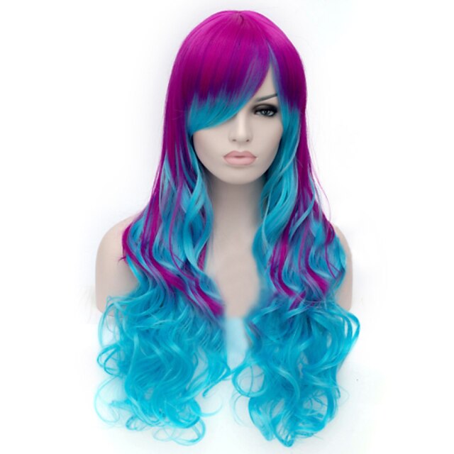  Synthetische Perücken Wellen Stil Asymmetrischer Haarschnitt Kappenlos Perücke Regenbogen Synthetische Haare Damen Natürlicher Haaransatz Lila Perücke Lang Cosplay Perücke