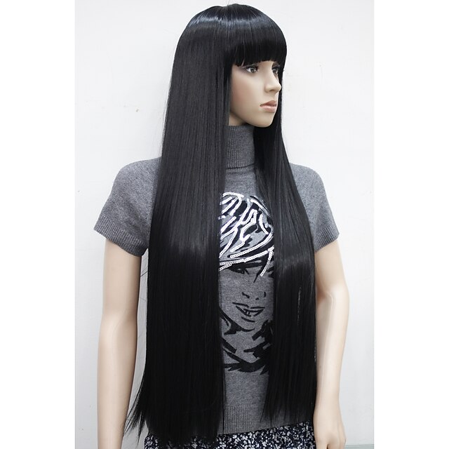  Perruque Synthétique Bouclé Style Avec Frange Sans bonnet Perruque Noir Noir de jais Cheveux Synthétiques Femme Avec Bangs Noir Perruque Hivision