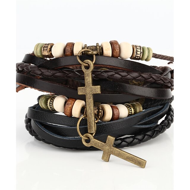  Men's Beaded Wrap Bracelet Vintage Bracelet Leather Bracelet - Leather Cross Ladies Bracelet Jewelry Black / Brown For Christmas Gifts Daily