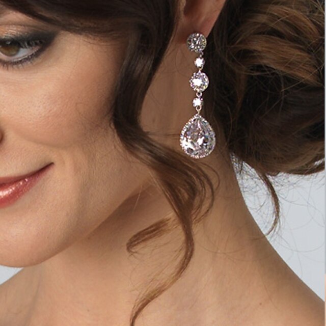  Women's Silver Zircon Crystal long Earring For Birde Wedding