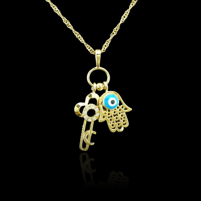  18K Real Gold Plated Hamsa Hand Of Fatima Evil Eye Key Crystal Pendant 3.7*2.5CM