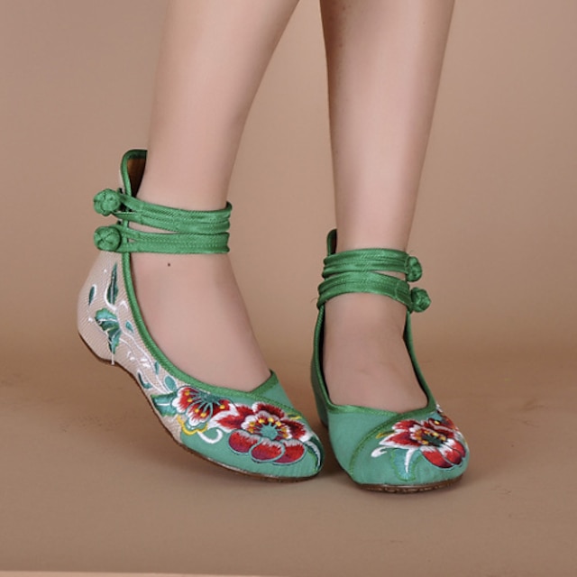  Női Cipő Vászon Tavasz / Nyár Hímzett cipő Lapos Csat Fekete / Piros / Zöld
