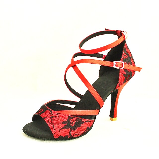  Chaussures de danse(Noir Jaune Rouge) -Personnalisables-Talon Personnalisé-Dentelle-Latine Salsa Salon