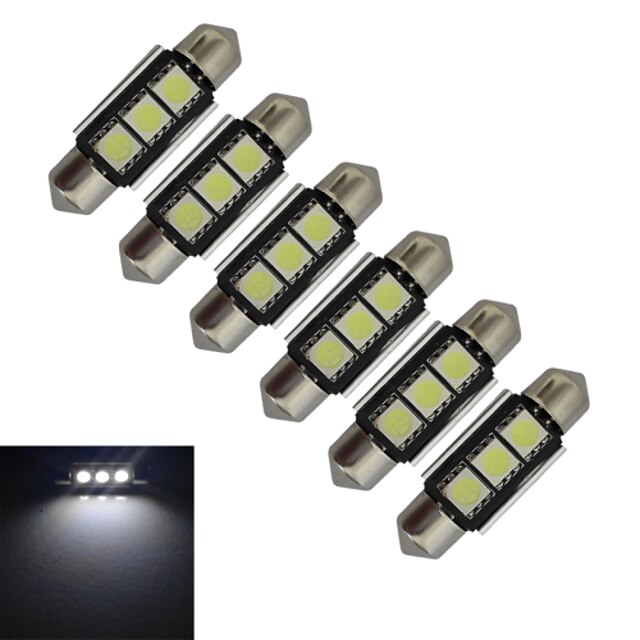  JIAWEN® 6pcs Festoon 36mm 1W 3x5050SMD 60-70LM 6000-6500K Cool White Light LED Car Light (DC 12V)