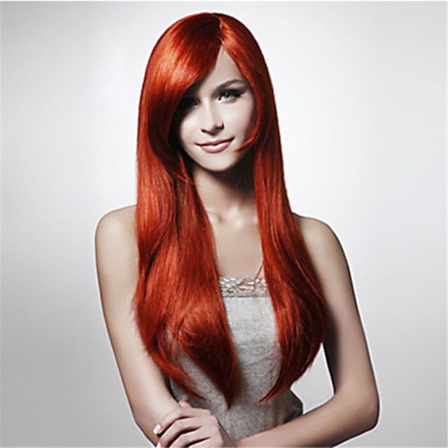  Synthetic Wig Straight Water Wave Water Wave Asymmetrical Wig Long Red Synthetic Hair Women's Natural Hairline Red